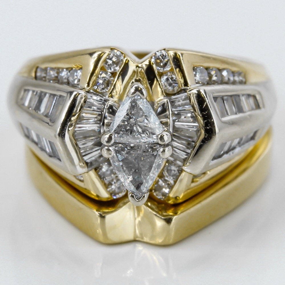 14k Yellow Gold Trillion & Baguette Diamond Wedding Band Engagement Ring Set